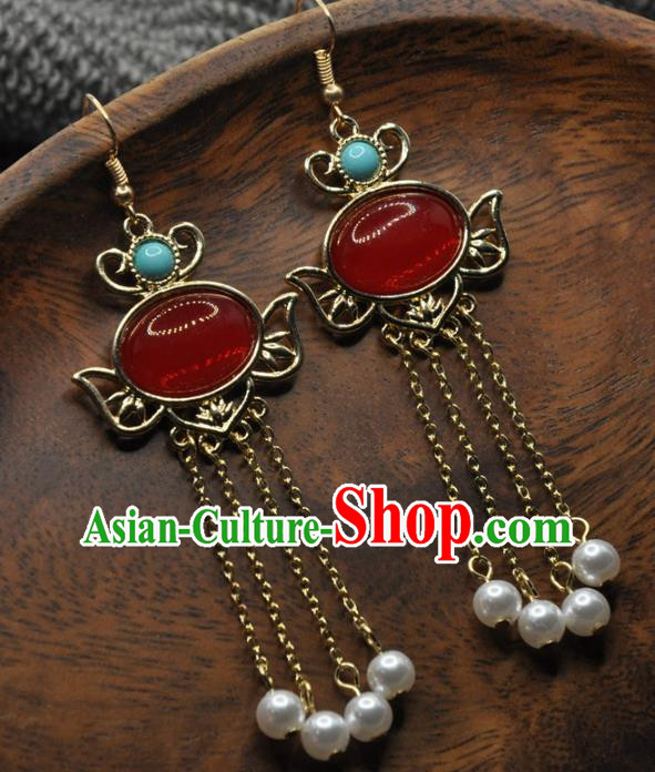 Chinese Traditional Hanfu Tassel Earrings Handmade Cheongsam Ruby Ear Accessories