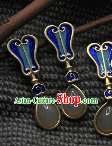 Chinese Traditional Hanfu Chalcedony Earrings Handmade Cheongsam Cloisonne Fan Ear Accessories