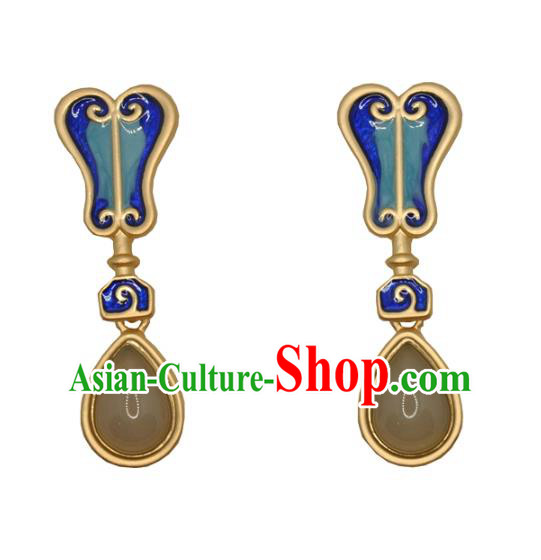 Chinese Traditional Hanfu Chalcedony Earrings Handmade Cheongsam Cloisonne Fan Ear Accessories