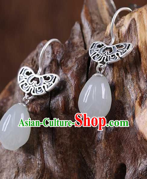 Handmade Chinese Silver Ear Accessories Traditional Cheongsam Jade Mangnolia Earrings