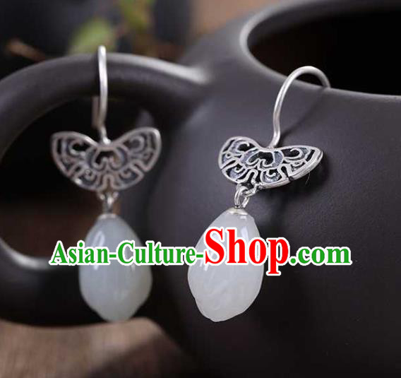 Handmade Chinese Silver Ear Accessories Traditional Cheongsam Jade Mangnolia Earrings