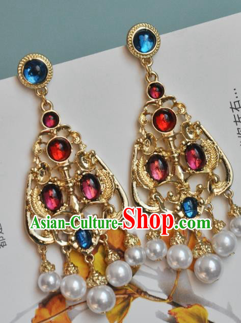 Chinese Classical Cheongsam Gems Ear Accessories Traditional Qing Dynasty Palace Lady Golden Earrings