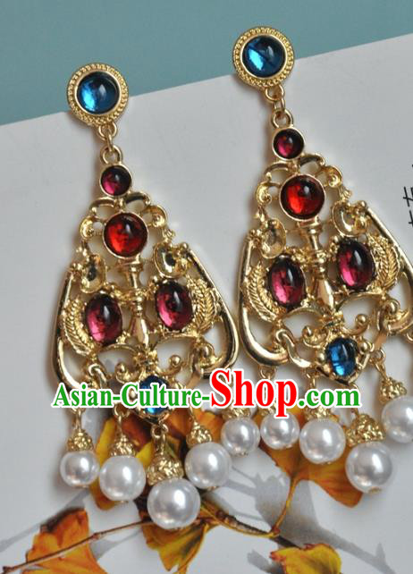 Chinese Classical Cheongsam Gems Ear Accessories Traditional Qing Dynasty Palace Lady Golden Earrings