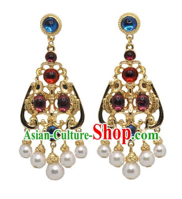 Chinese Classical Cheongsam Gems Ear Accessories Traditional Qing Dynasty Palace Lady Golden Earrings