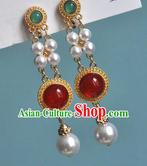 Chinese Traditional Carnelian Earrings Classical Cheongsam Golden Ear Accessories