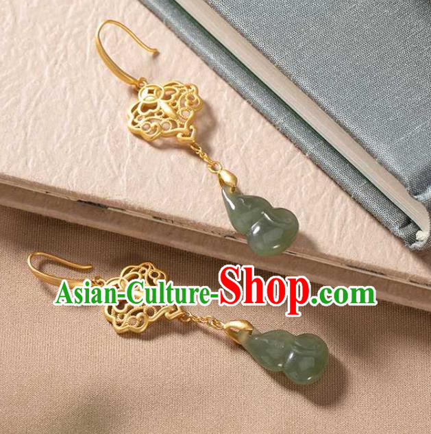 Handmade Chinese Golden Ear Accessories Traditional Cheongsam Jade Gourd Earrings