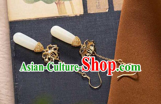 Handmade Chinese National Jade Ear Accessories Traditional Cheongsam Golden Lotus Earrings