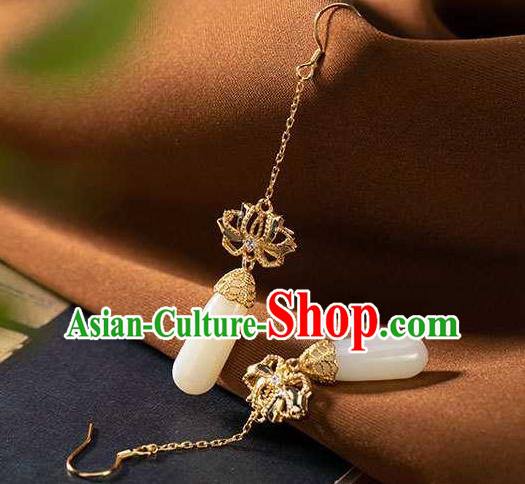 Handmade Chinese National Jade Ear Accessories Traditional Cheongsam Golden Lotus Earrings