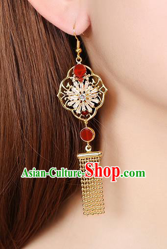 Chinese Classical Zircon Ear Accessories Traditional Cheongsam Golden Tassel Earrings