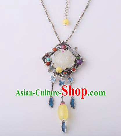 China Classical Jade Lotus Necklace Pendant Traditional Cheongsam Beeswax Necklet Accessories