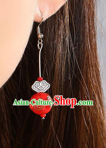 Chinese Classical Silver Cloud Ear Accessories Traditional Cheongsam Red Bead Earrings
