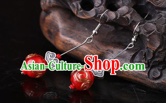 Chinese Classical Silver Cloud Ear Accessories Traditional Cheongsam Red Bead Earrings
