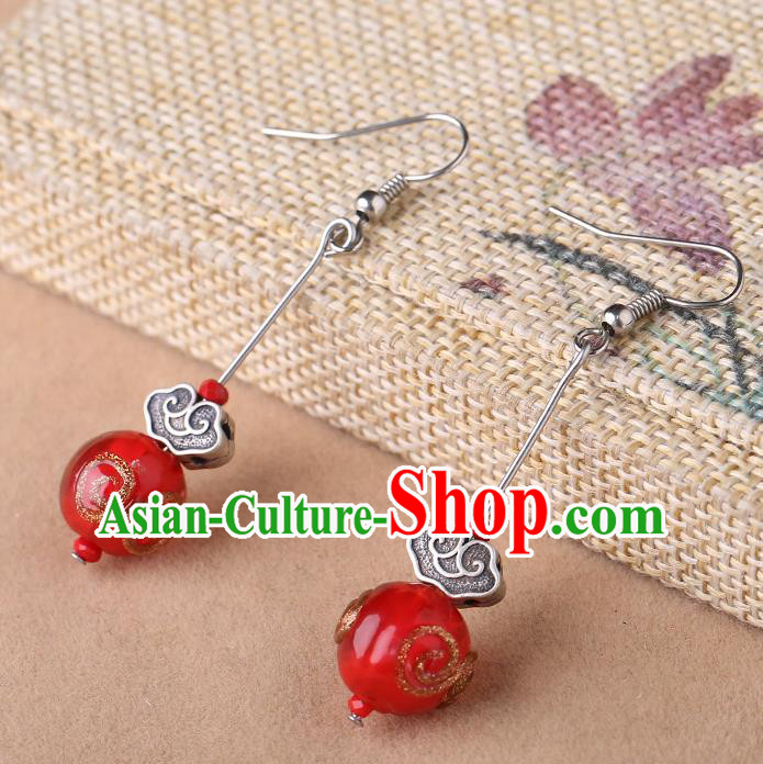 Chinese Classical Silver Cloud Ear Accessories Traditional Cheongsam Red Bead Earrings