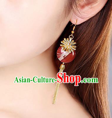 Chinese Classical Red Stone Ear Accessories Traditional Cheongsam Golden Chrysanthemum Earrings