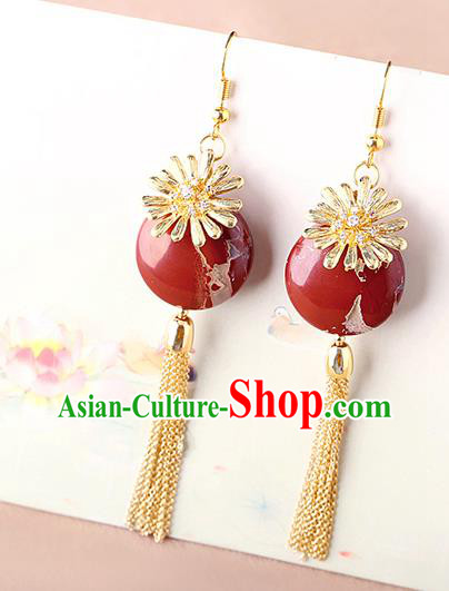 Chinese Classical Red Stone Ear Accessories Traditional Cheongsam Golden Chrysanthemum Earrings