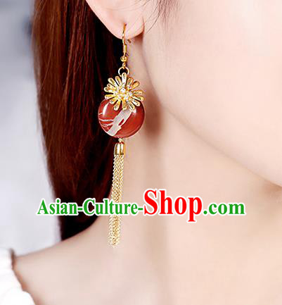 Chinese Classical Red Stone Ear Accessories Traditional Cheongsam Golden Chrysanthemum EarringsChinese Classical Red Stone Ear Accessories Traditional Cheongsam Golden Chrysanthemum Earrings