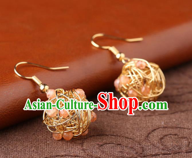 Chinese Classical Golden Ear Accessories Traditional Cheongsam National Rose Quartz Earrings