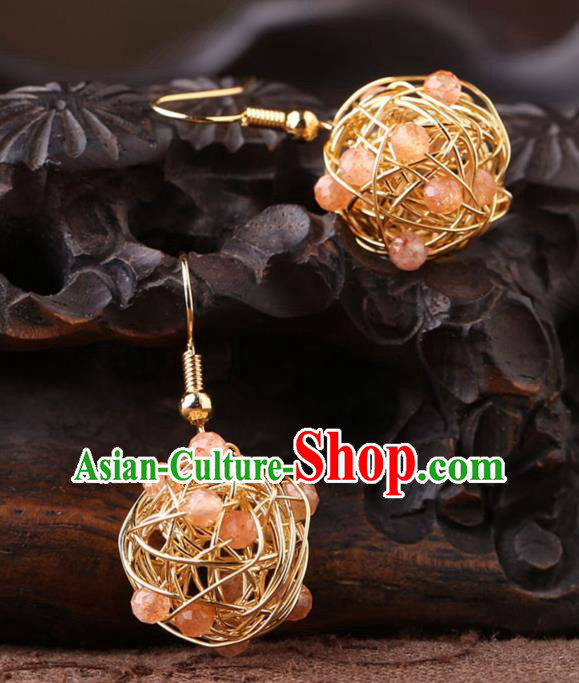 Chinese Classical Golden Ear Accessories Traditional Cheongsam National Rose Quartz Earrings