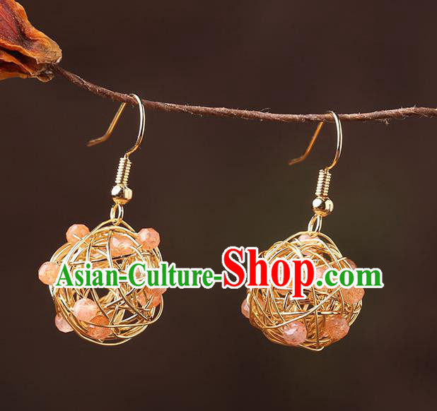 Chinese Classical Golden Ear Accessories Traditional Cheongsam National Rose Quartz Earrings