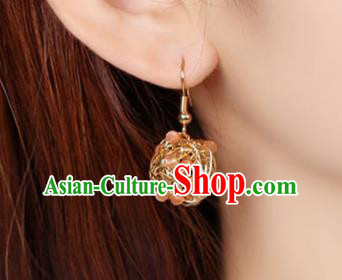 Chinese Classical Golden Ear Accessories Traditional Cheongsam National Rose Quartz Earrings