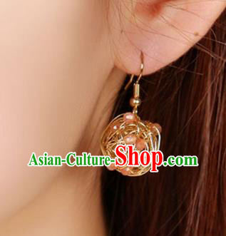 Chinese Classical Golden Ear Accessories Traditional Cheongsam National Rose Quartz Earrings