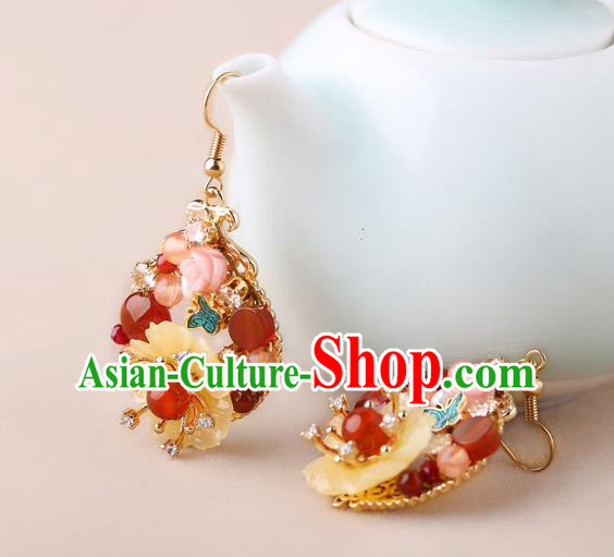Chinese Classical Shell Flower Ear Accessories Traditional Cheongsam National Red Beads Earrings