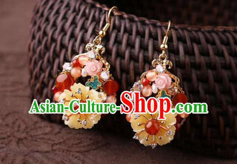 Chinese Classical Shell Flower Ear Accessories Traditional Cheongsam National Red Beads Earrings