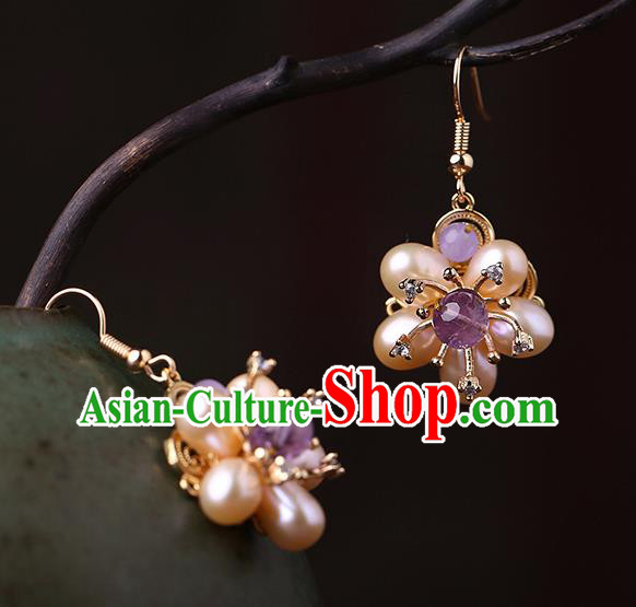 Chinese Classical Pearls Plum Ear Accessories Traditional Cheongsam National Amethyst Earrings