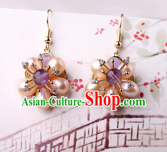 Chinese Classical Pearls Plum Ear Accessories Traditional Cheongsam National Amethyst Earrings