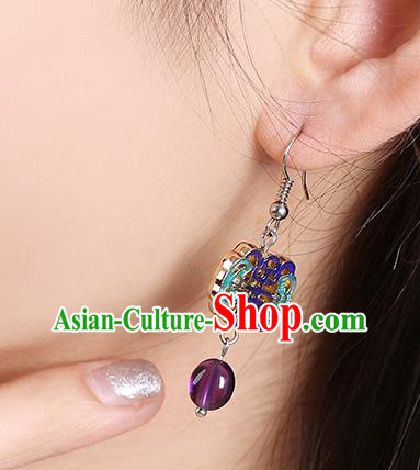 Chinese Classical Cloisonne Bat Ear Accessories Traditional Cheongsam National Amethyst Earrings