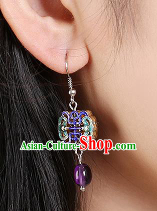 Chinese Classical Cloisonne Bat Ear Accessories Traditional Cheongsam National Amethyst Earrings