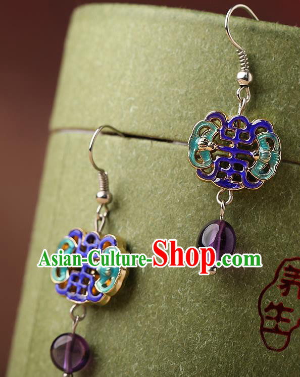 Chinese Classical Cloisonne Bat Ear Accessories Traditional Cheongsam National Amethyst Earrings