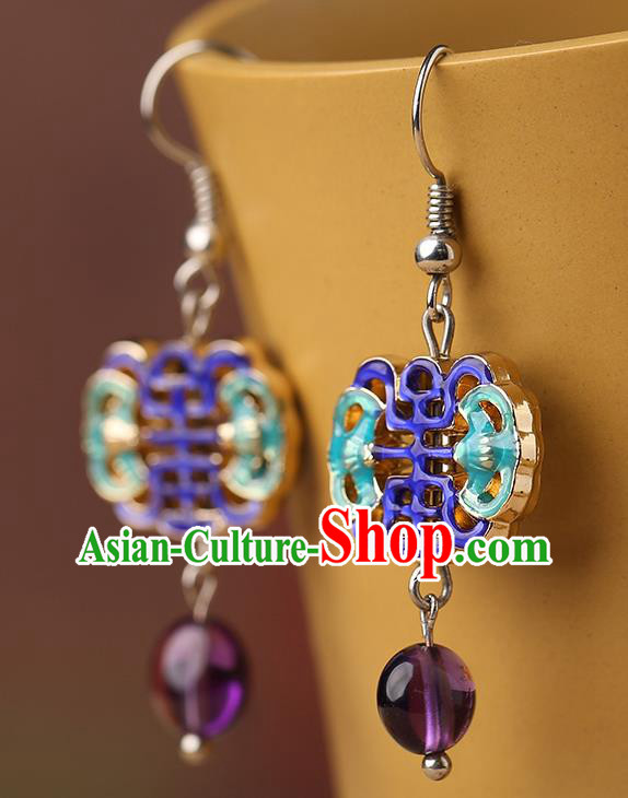 Chinese Classical Cloisonne Bat Ear Accessories Traditional Cheongsam National Amethyst Earrings