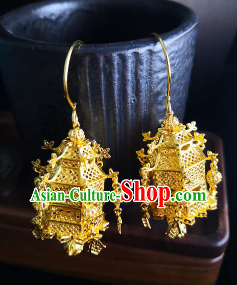 Chinese Traditional Qing Dynasty Court Earrings Ancient Palace Lady Golden Lantern Ear Accessories