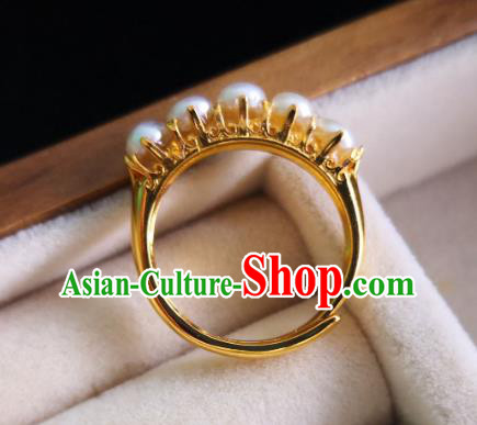 Handmade Chinese Ancient Palace Pearls Ring Jewelry Traditional Ming Dynasty Golden Circlet
