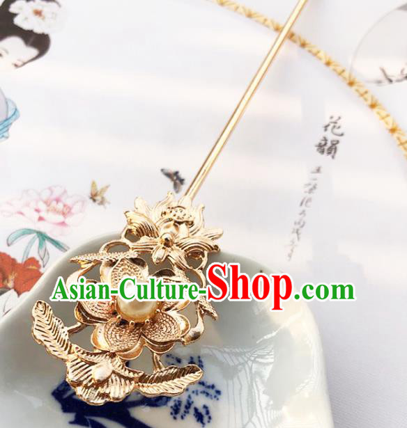 China Traditional Hanfu Pearl Hair Stick Ancient Princess Hair Accessories Golden Plum Hairpin