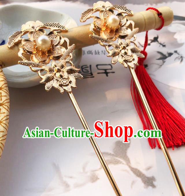 China Traditional Hanfu Pearl Hair Stick Ancient Princess Hair Accessories Golden Plum Hairpin