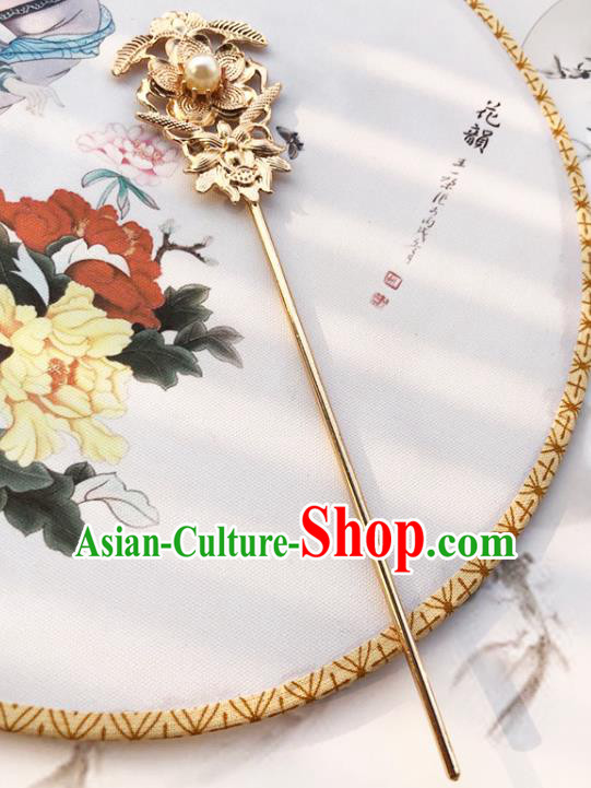 China Traditional Hanfu Pearl Hair Stick Ancient Princess Hair Accessories Golden Plum Hairpin