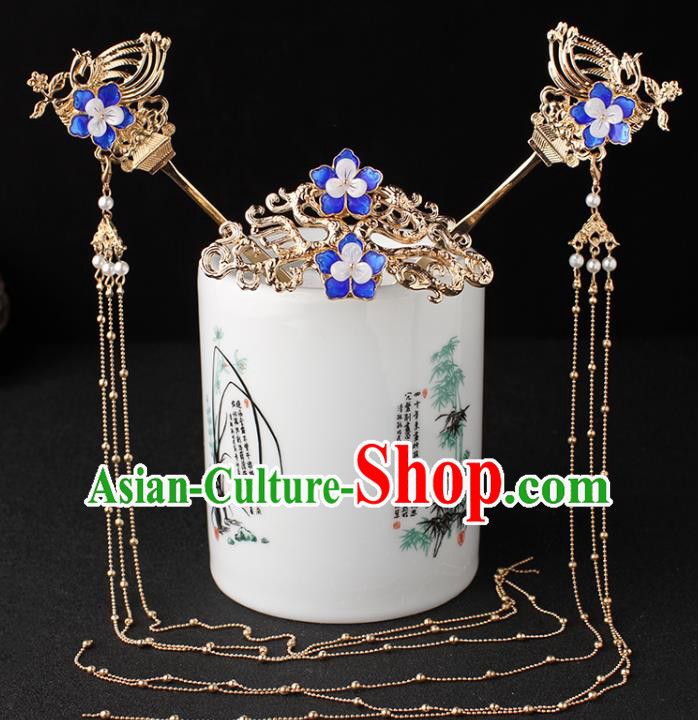 China Ancient Princess Hair Accessories Traditional Hanfu Blueing Plum Hair Crown and Tassel Hairpin