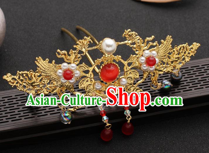 China Ancient Palace Lady Hairpin Traditional Hanfu Golden Phoenix Hair Crown