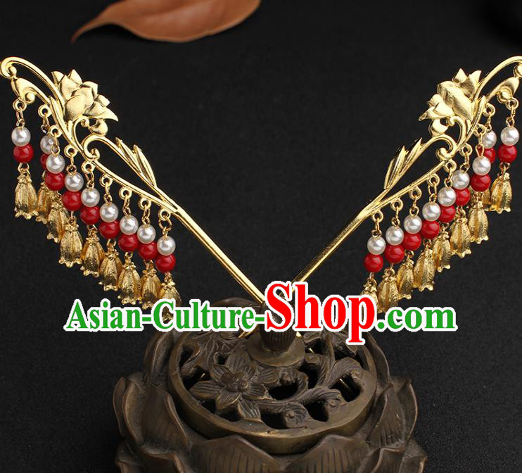 China Ancient Tang Dynasty Palace Lady Hairpin Traditional Hanfu Golden Lotus Hair Stick