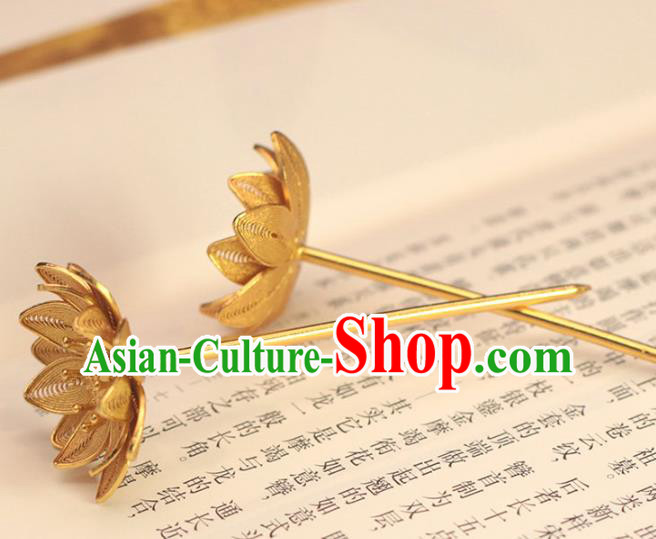 China Traditional Hair Accessories Ming Dynasty Golden Lotus Hairpin Ancient Empress Hair Stick