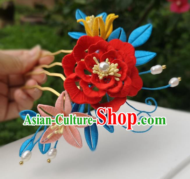 China Traditional Hanfu Red Silk Peony Hair Comb Ancient Ming Dynasty Princess Hairpin