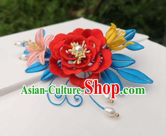 China Traditional Hanfu Red Silk Peony Hair Comb Ancient Ming Dynasty Princess Hairpin