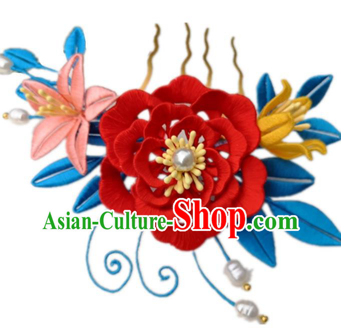 China Traditional Hanfu Red Silk Peony Hair Comb Ancient Ming Dynasty Princess Hairpin