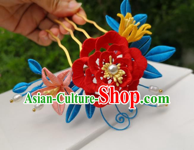 China Traditional Hanfu Red Silk Peony Hair Comb Ancient Ming Dynasty Princess Hairpin