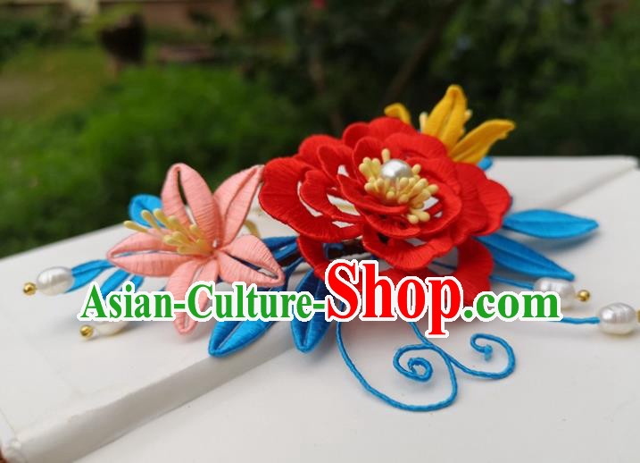China Traditional Hanfu Red Silk Peony Hair Comb Ancient Ming Dynasty Princess Hairpin