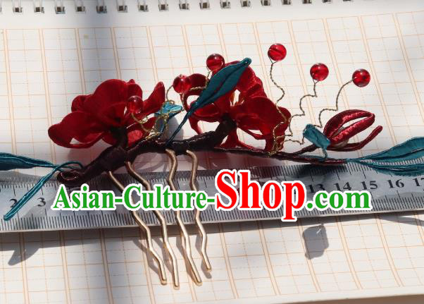 China Ancient Song Dynasty Princess Hairpin Traditional Hanfu Red Silk Plum Blossom Hair Comb