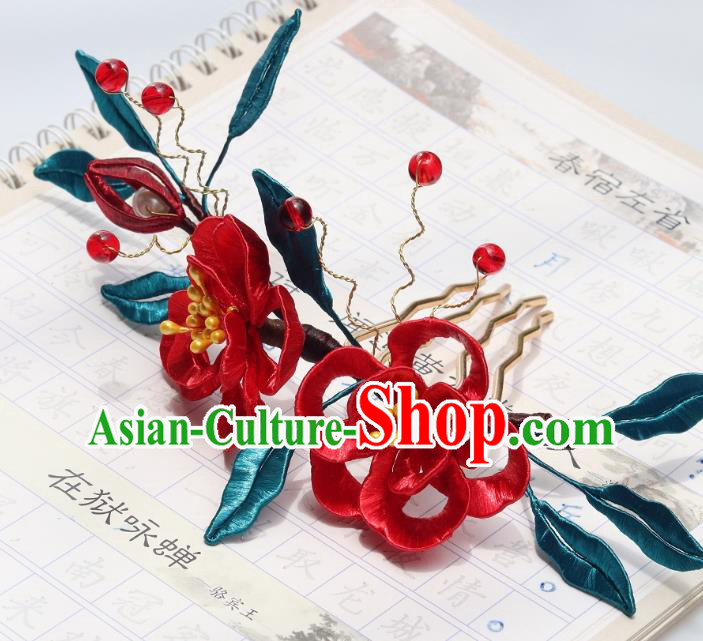China Ancient Song Dynasty Princess Hairpin Traditional Hanfu Red Silk Plum Blossom Hair Comb