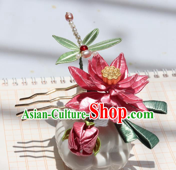 China Ancient Song Dynasty Pearls Dragonfly Hairpin Traditional Hanfu Pink Silk Lotus Hair Comb